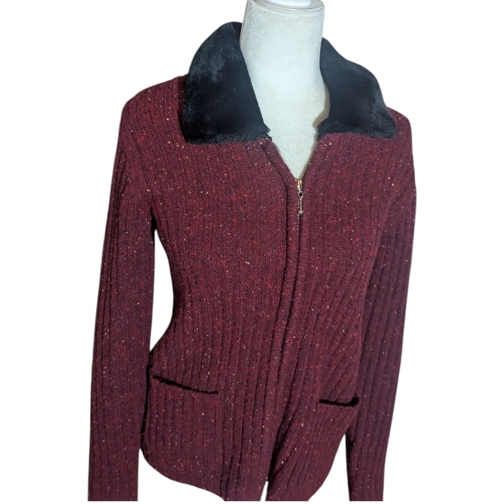 Vtg Burgundy Marled Ribbed Zip-Up Sweater Wool Blend Black Faux Fur Collar Sz S - Picture 5 of 8
